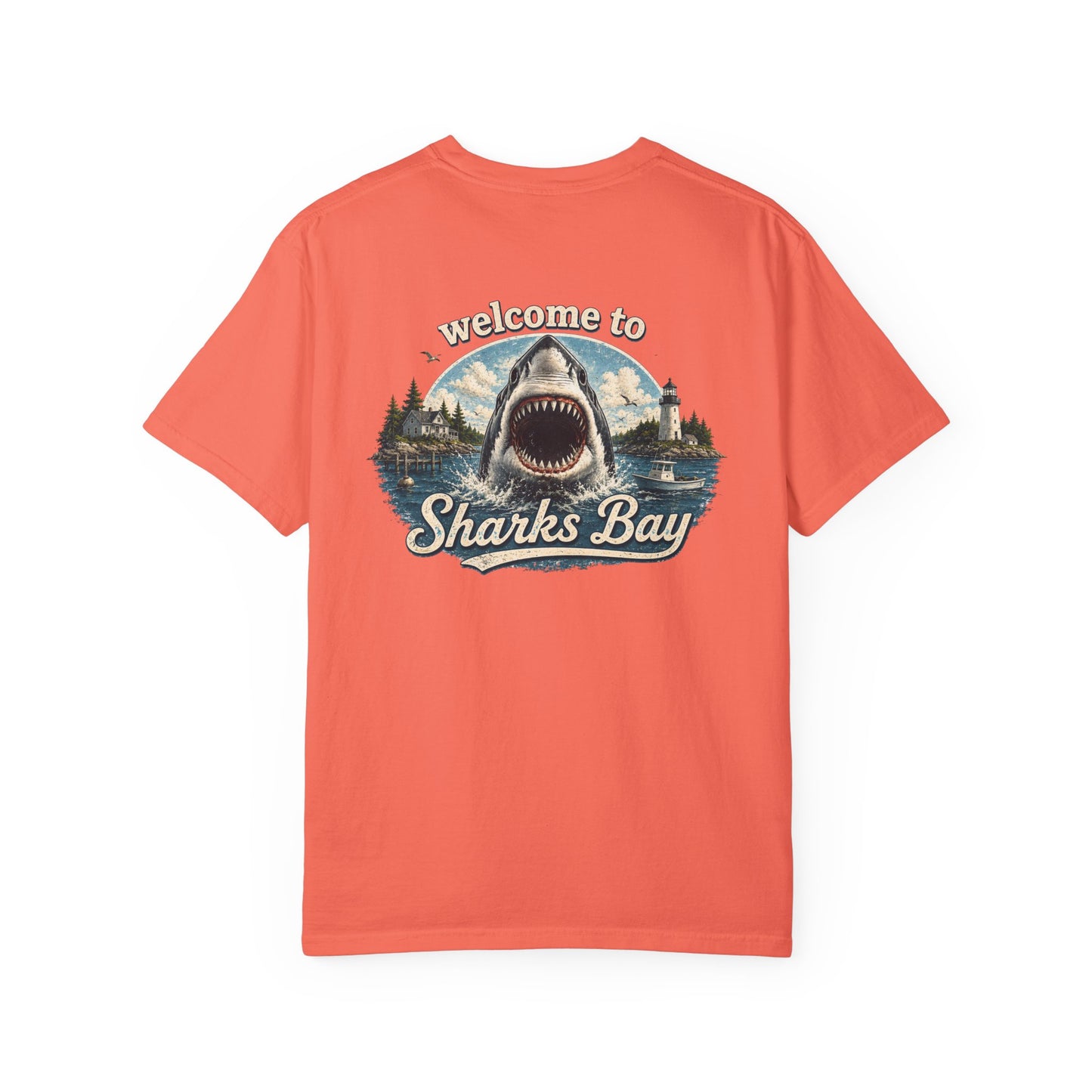 Sharks Bay T-Shirt — "Welcome to Sharks Bay" Vintage Shark Graphic Tee