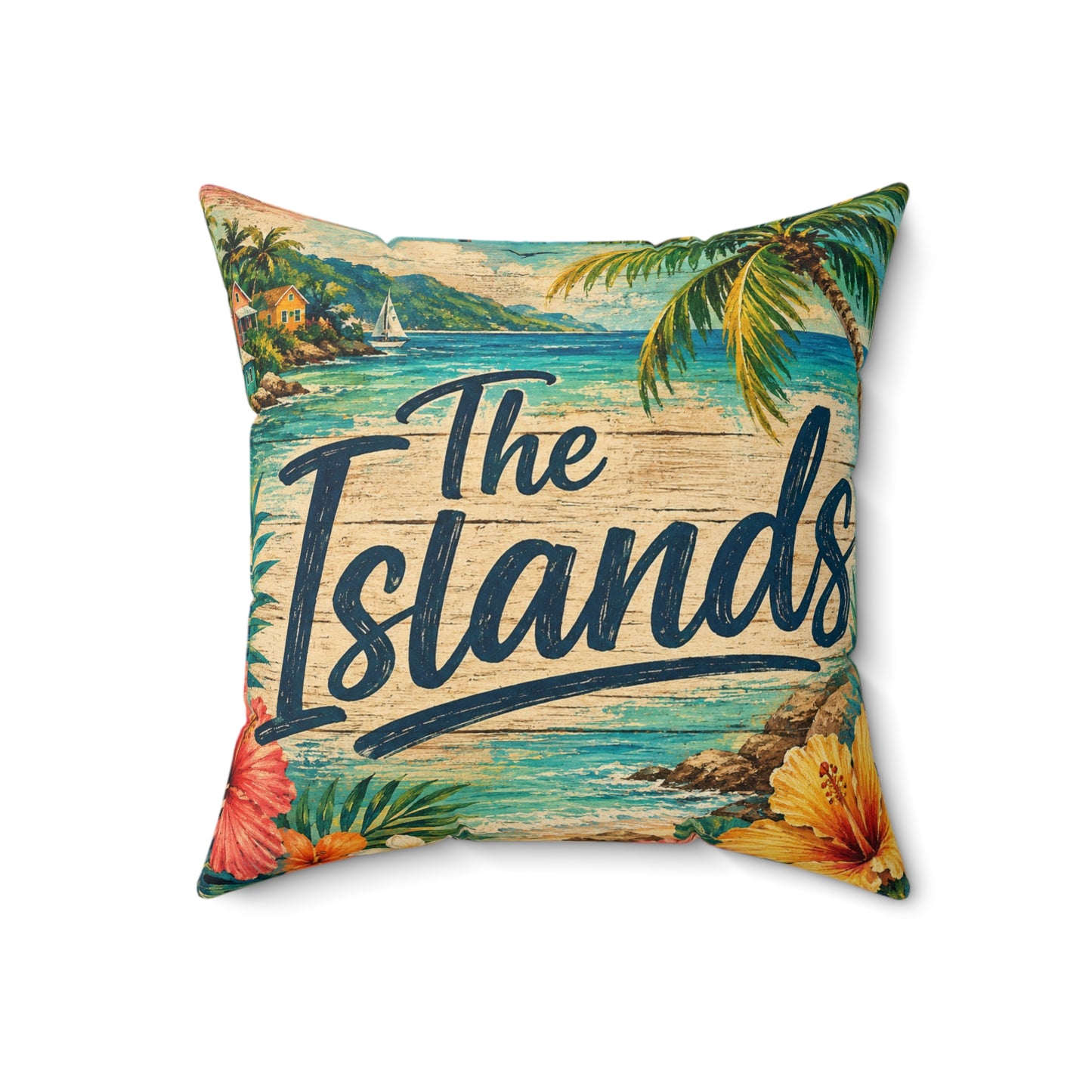Square polyester pillow with tropical beach artwork and 'The Islands' script, corner palm accents