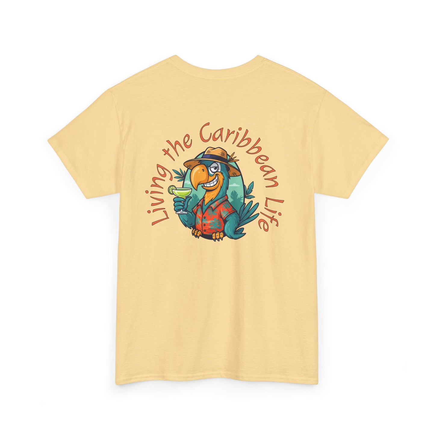 Yellow t-shirt with a parrot graphic and 'Living the Caribbean Life' text on a white background