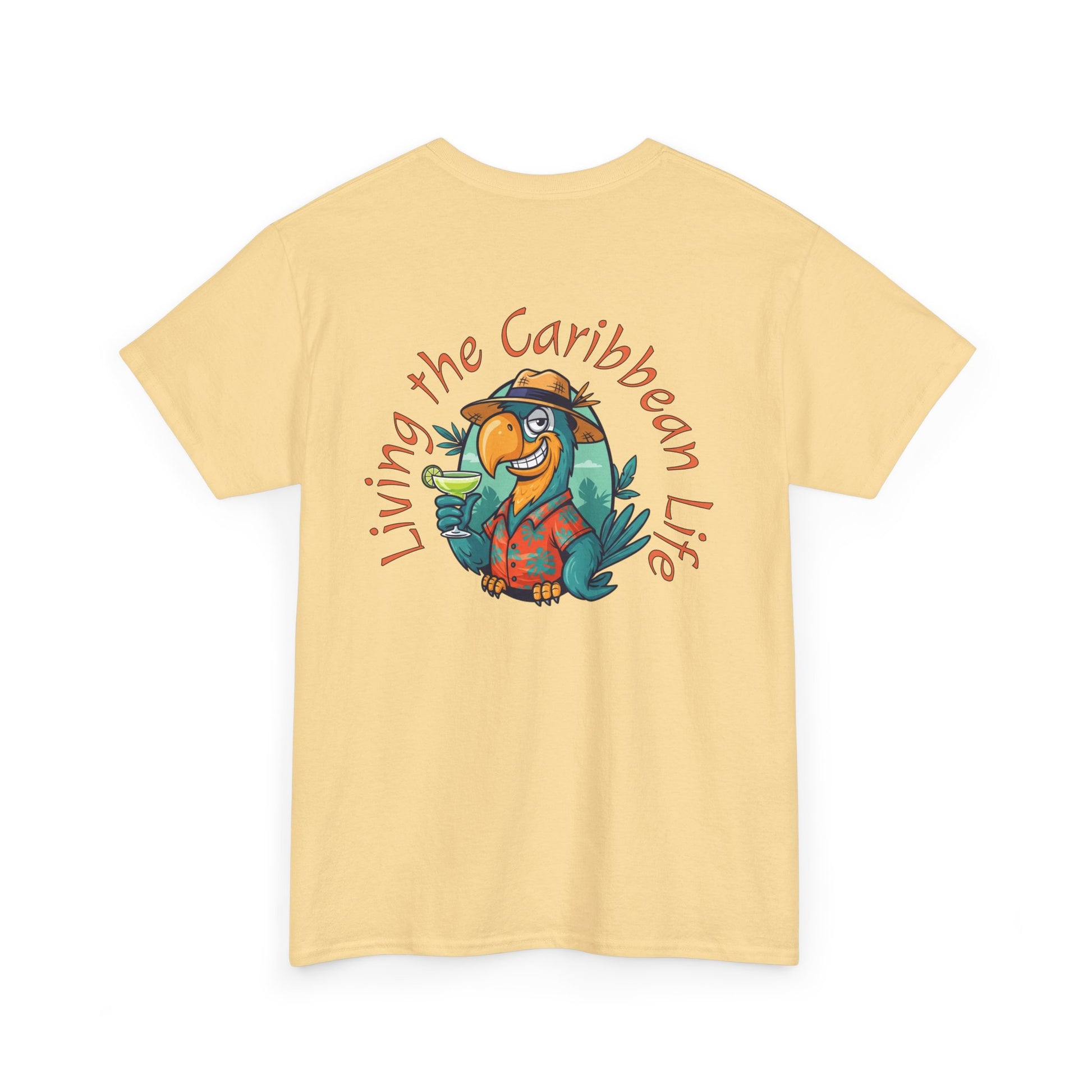 Yellow t-shirt with a parrot graphic and 'Living the Caribbean Life' text on a white background