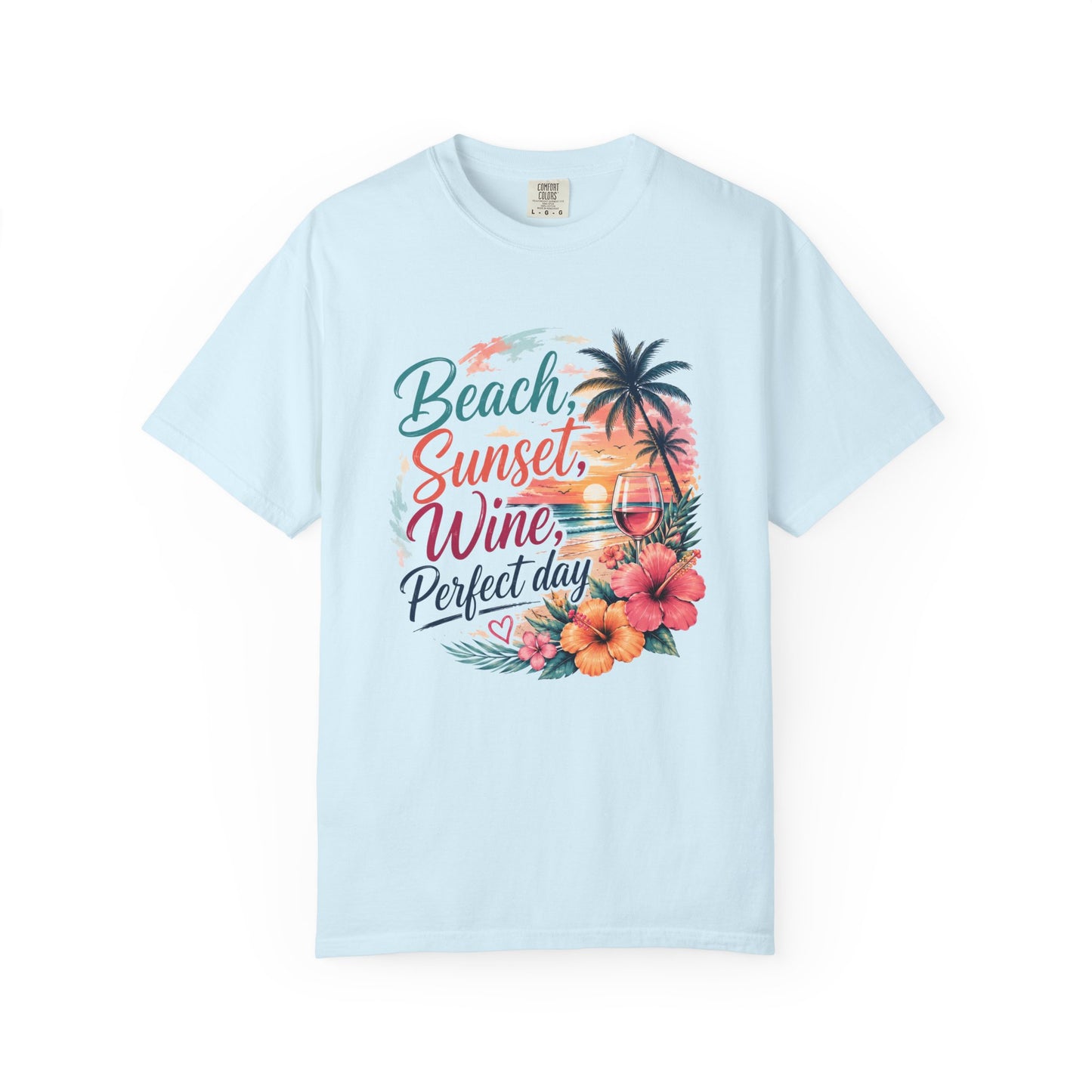 Beach Sunset Wine T-Shirt — "Beach, Sunset, Wine, Perfect Day" Tropical Graphic Tee