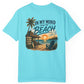 Light blue t-shirt with beach graphic and text on a white background