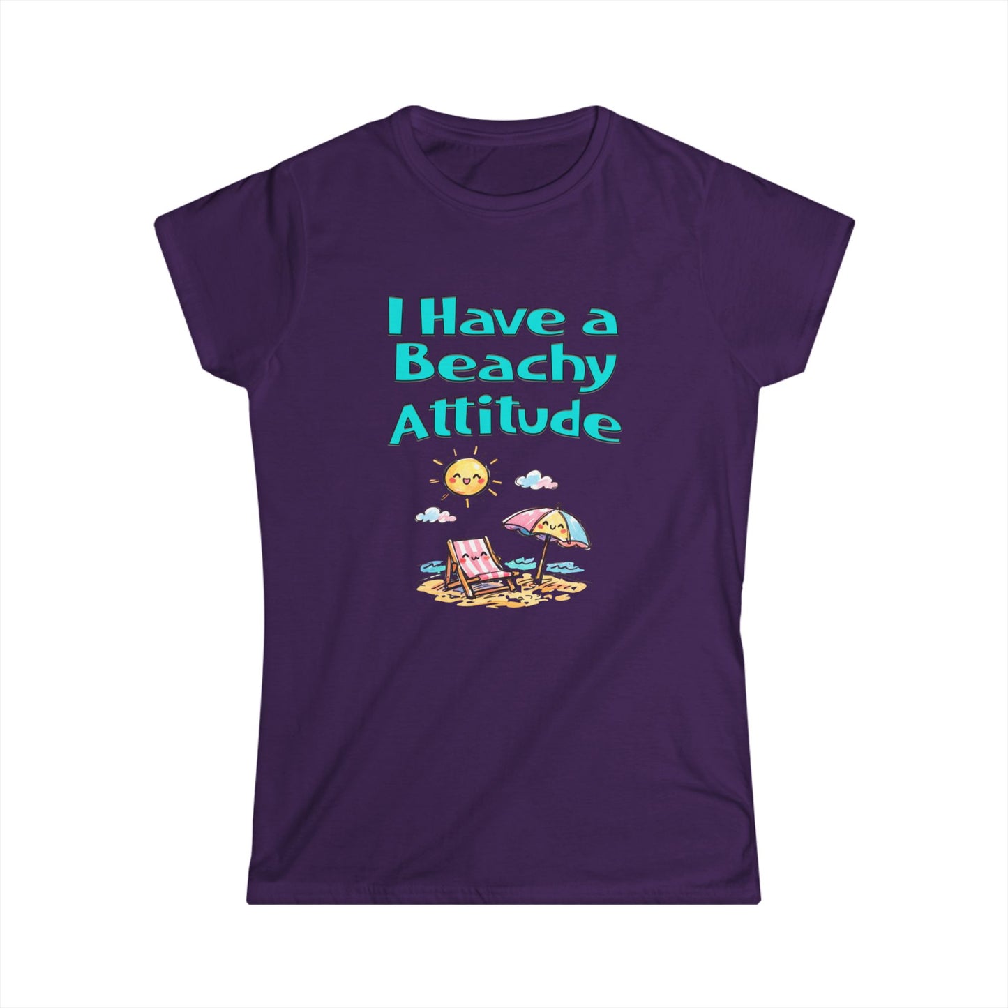 Purple t-shirt with 'I Have a Beachy Attitude' text and beach graphics on a white background