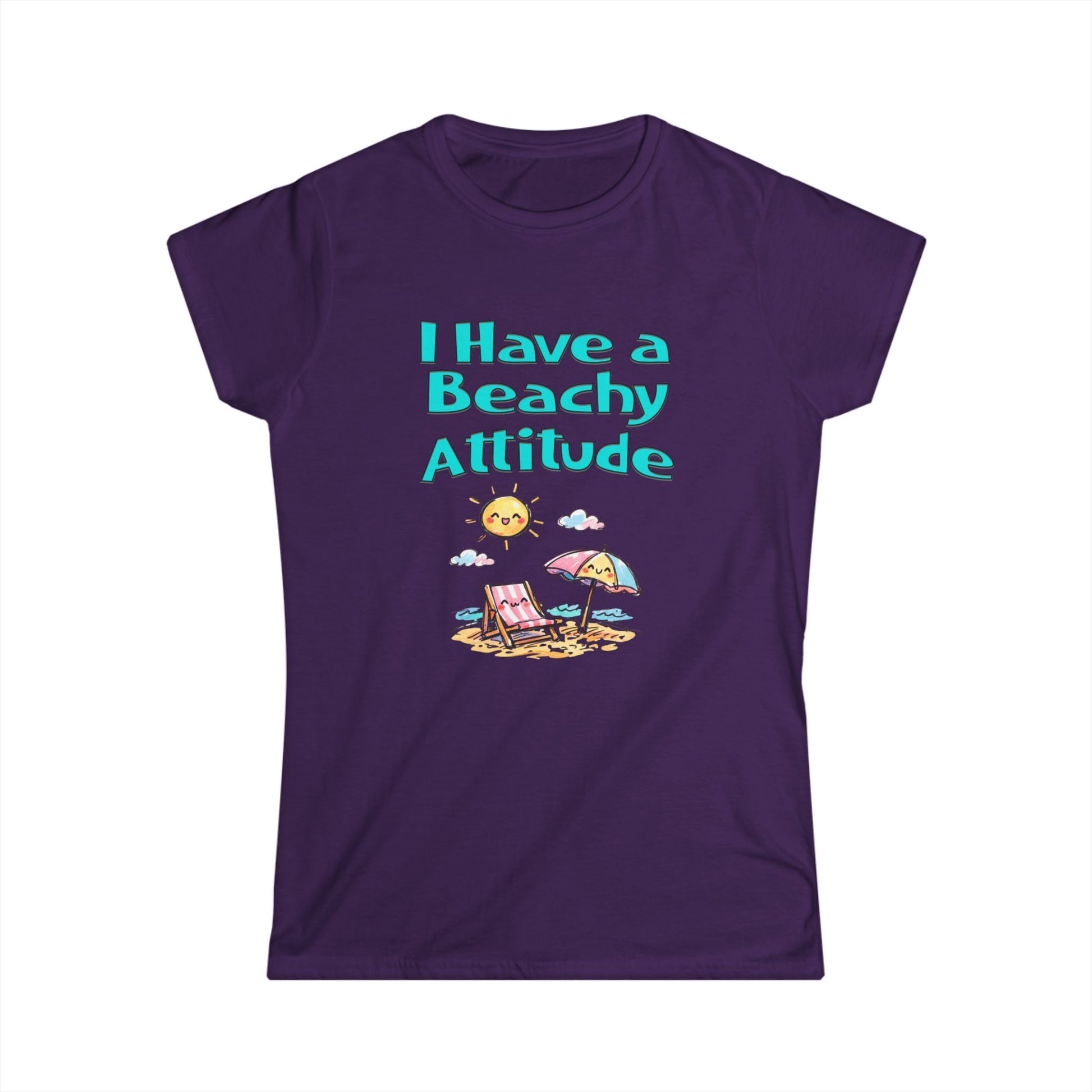 Purple t-shirt with 'I Have a Beachy Attitude' text and beach graphics on a white background