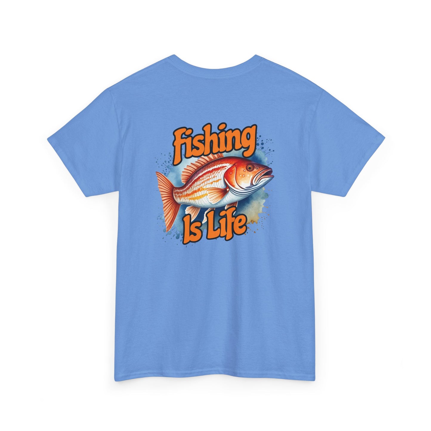 Light blue t-shirt with a fish graphic and 'Fishing is Life' text on a white background