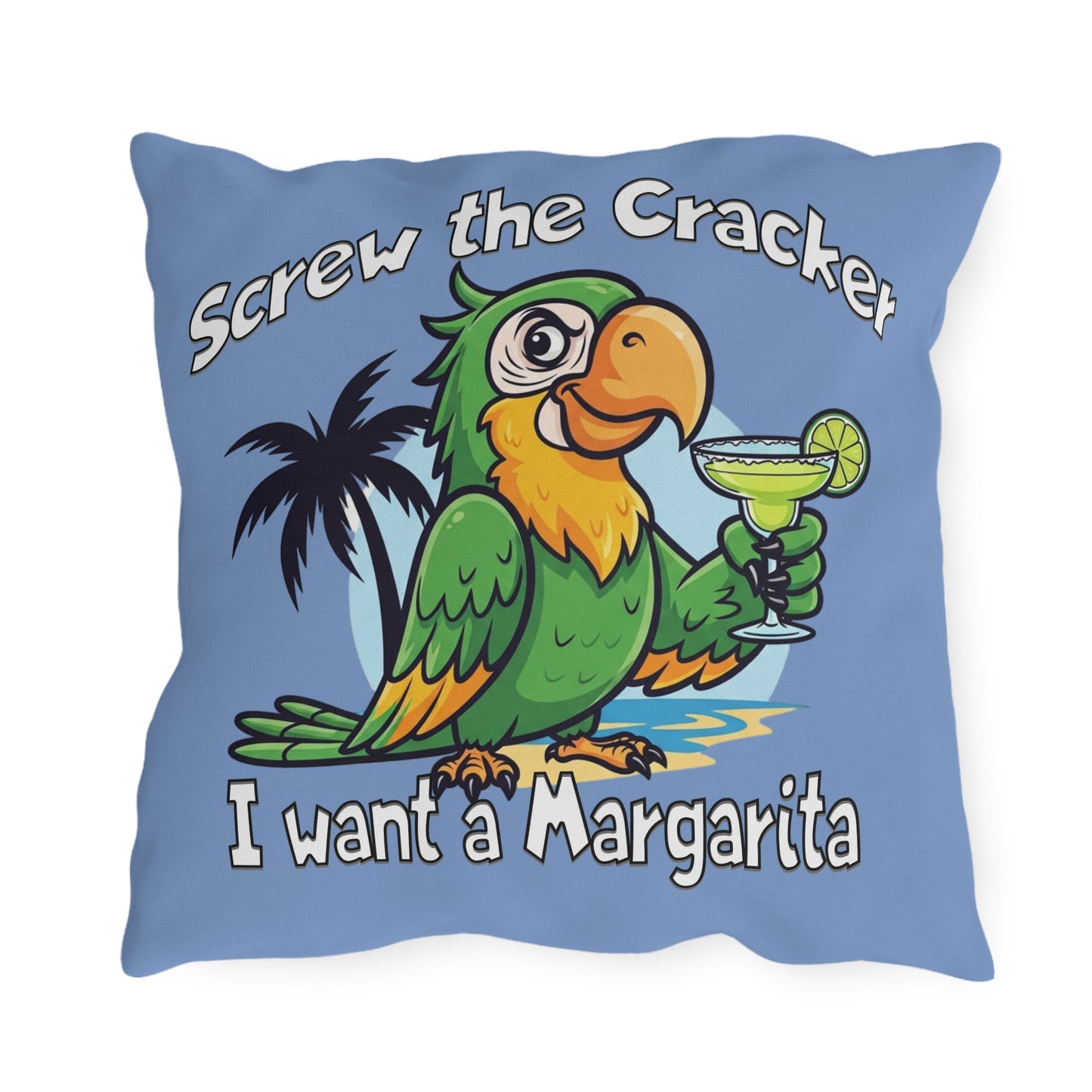 Pillow with a parrot holding a margarita and text on a blue background