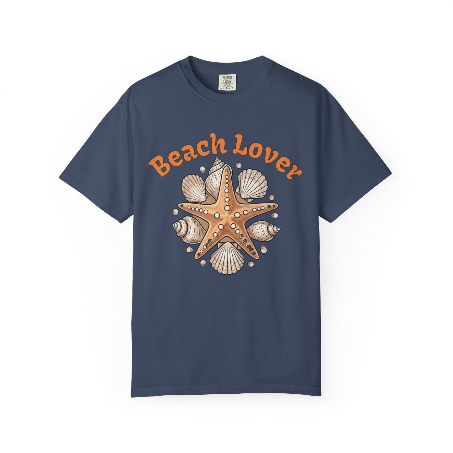 Navy blue t-shirt with starfish and shell design and 'Beach Lover' text on a white background