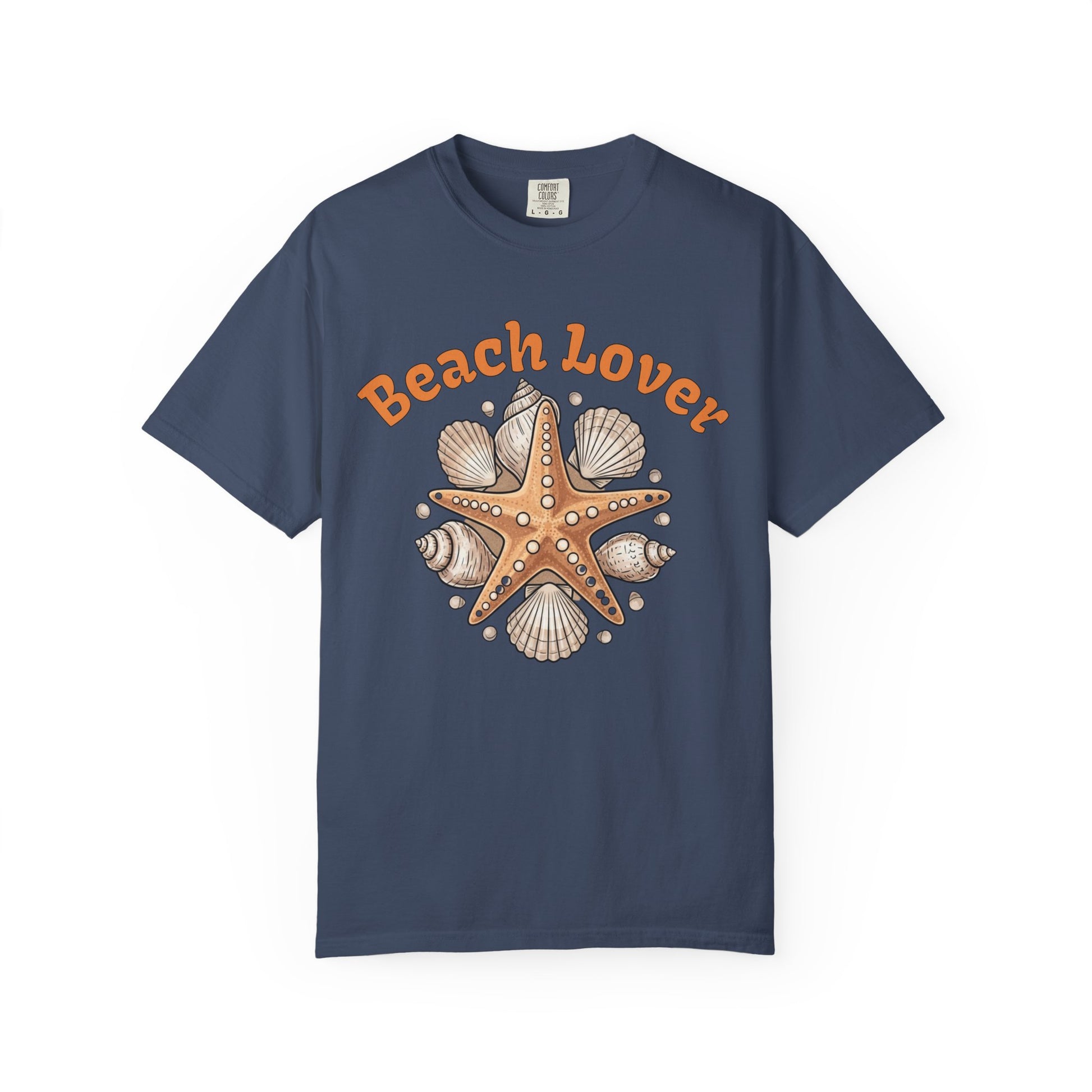 Navy blue t-shirt with starfish and shell design and 'Beach Lover' text on a white background