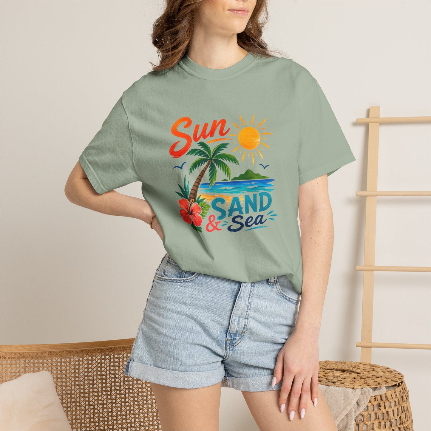 Sun, Sand & Sea T-Shirt – Tropical Beach Palm Tree Graphic Tee