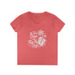 Women’s v-neck t-shirt in coral pink with beach graphic of flip flops and palms