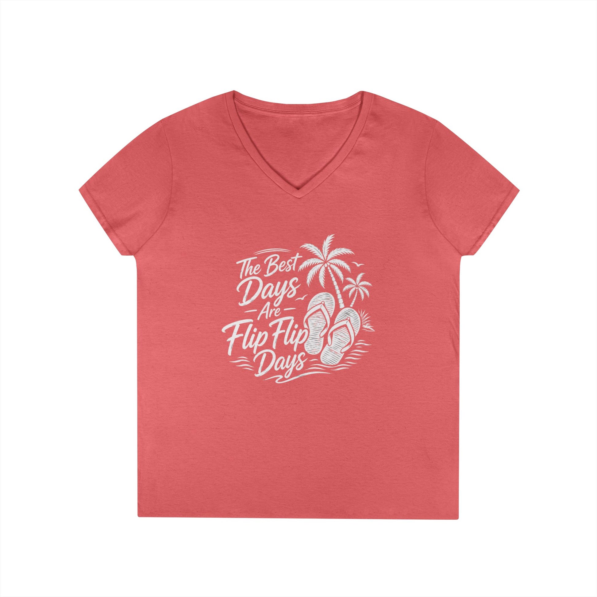 Women’s v-neck t-shirt in coral pink with beach graphic of flip flops and palms