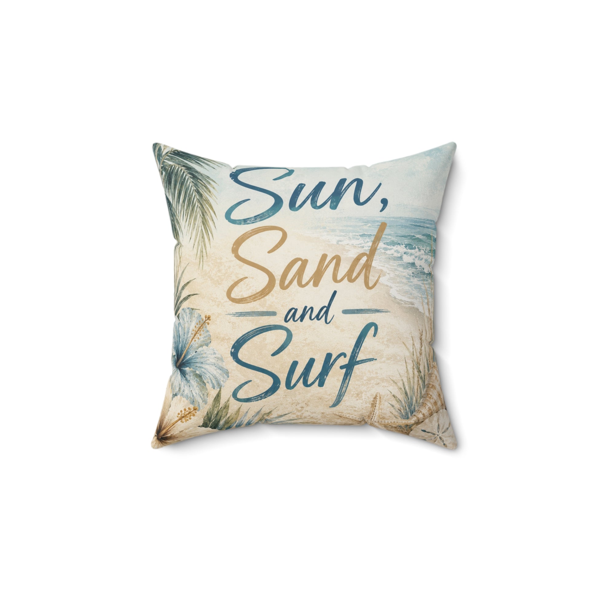 A square decorative throw pillow featuring a beach-themed print with the words 'Sun, Sand and Surf' in blue and gold lettering, surrounded by palm leaves and ocean waves on a white background.