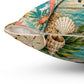 Square tropical pillow showing inner fabric through zipper; seashell graphic on teal beige print