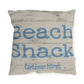 Pillow with 'Beach Shack Caribbean Islands' text on a wooden texture background
