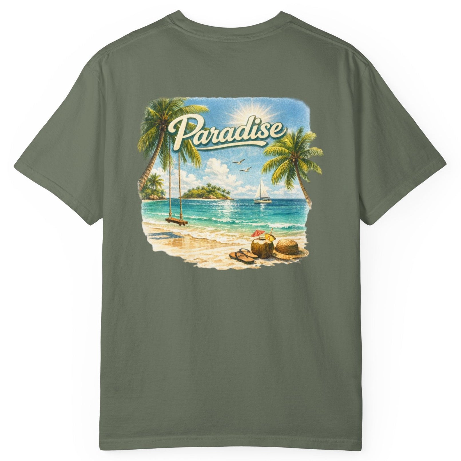 Green t-shirt with a tropical beach graphic and 'Paradise' text on a white background