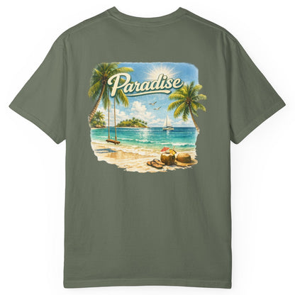 Green t-shirt with a tropical beach graphic and 'Paradise' text on a white background