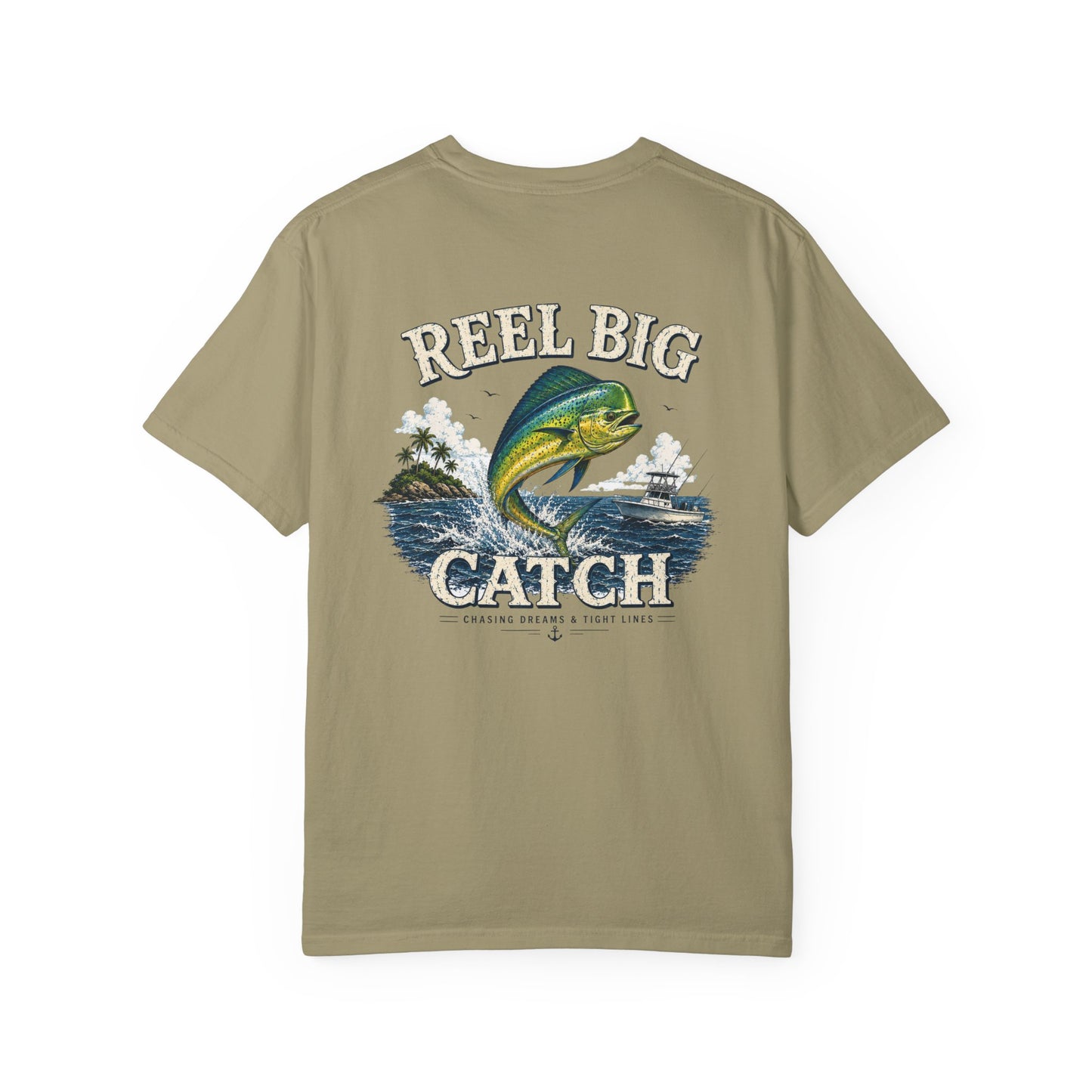 Olive green t-shirt with 'Reel Big Catch' graphic design on a white background