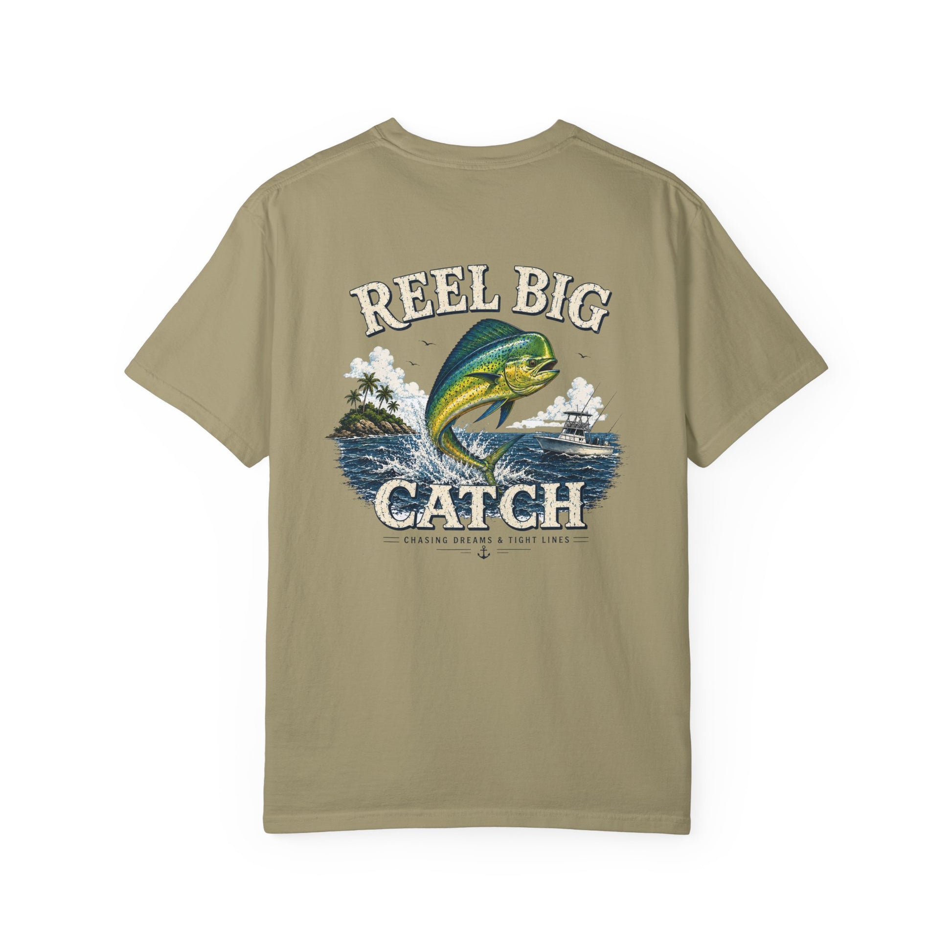 Olive green t-shirt with 'Reel Big Catch' graphic design on a white background
