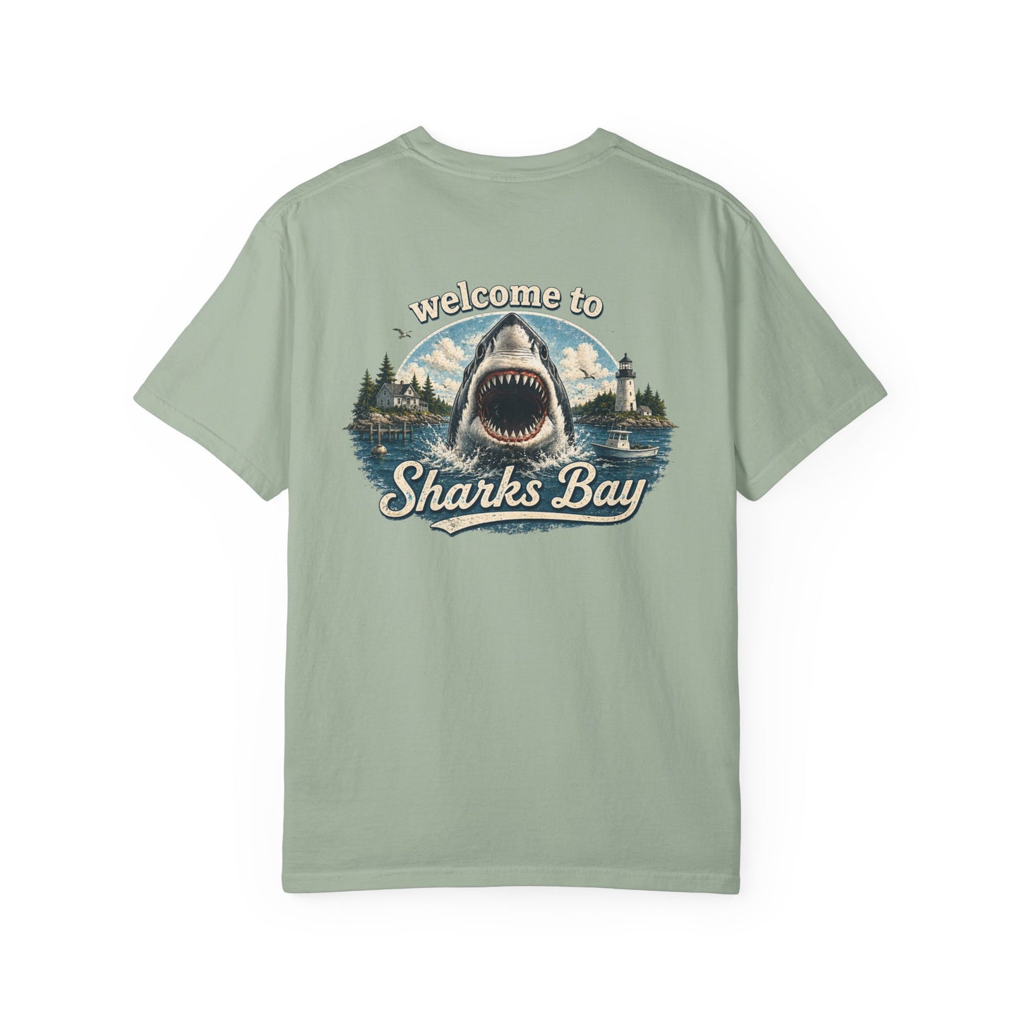 Sharks Bay T-Shirt — "Welcome to Sharks Bay" Vintage Shark Graphic Tee