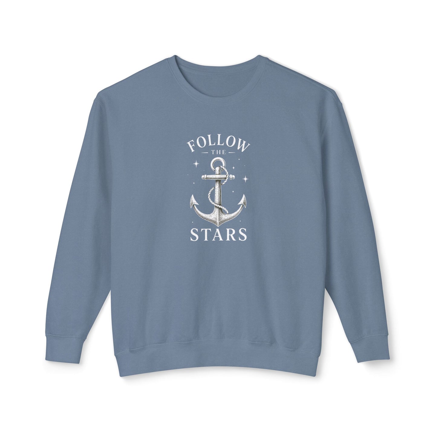 A dusty blue crewneck sweatshirt with a white anchor graphic and the words 'FOLLOW THE STARS' printed on the chest, displayed against a plain white background.