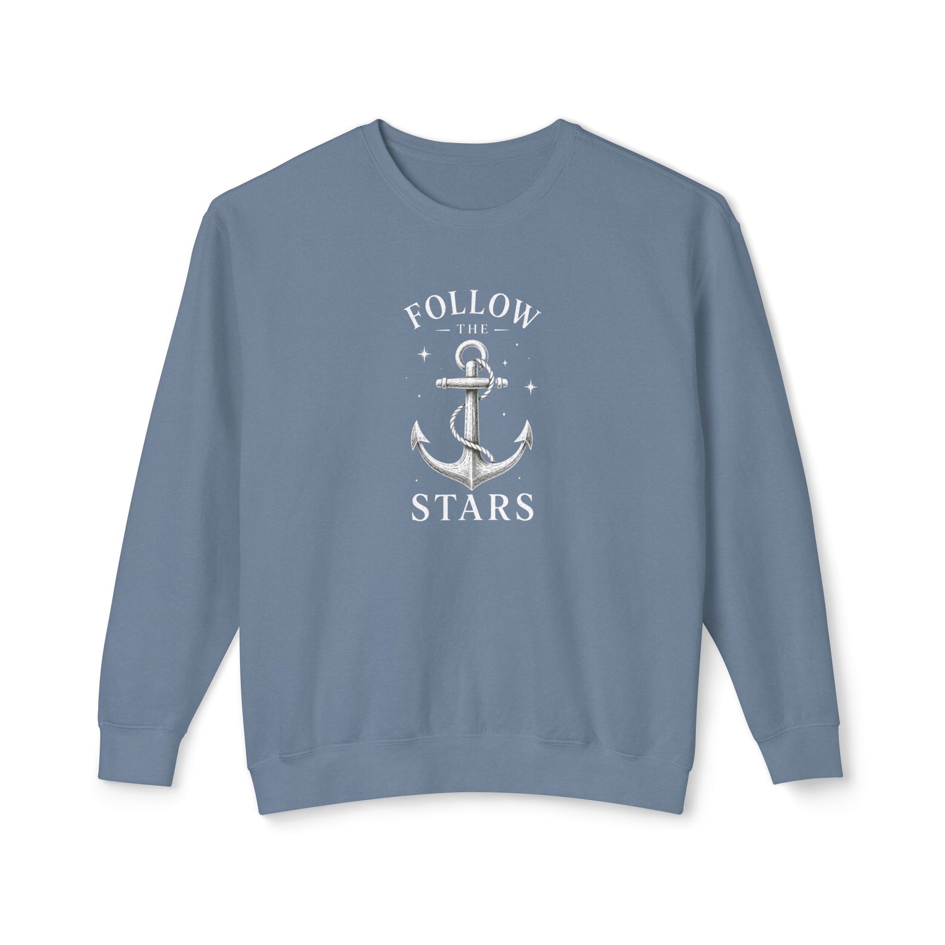 A dusty blue crewneck sweatshirt with a white anchor graphic and the words 'FOLLOW THE STARS' printed on the chest, displayed against a plain white background.