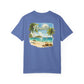 Blue t-shirt with a tropical beach graphic and 'Paradise' text on a white background