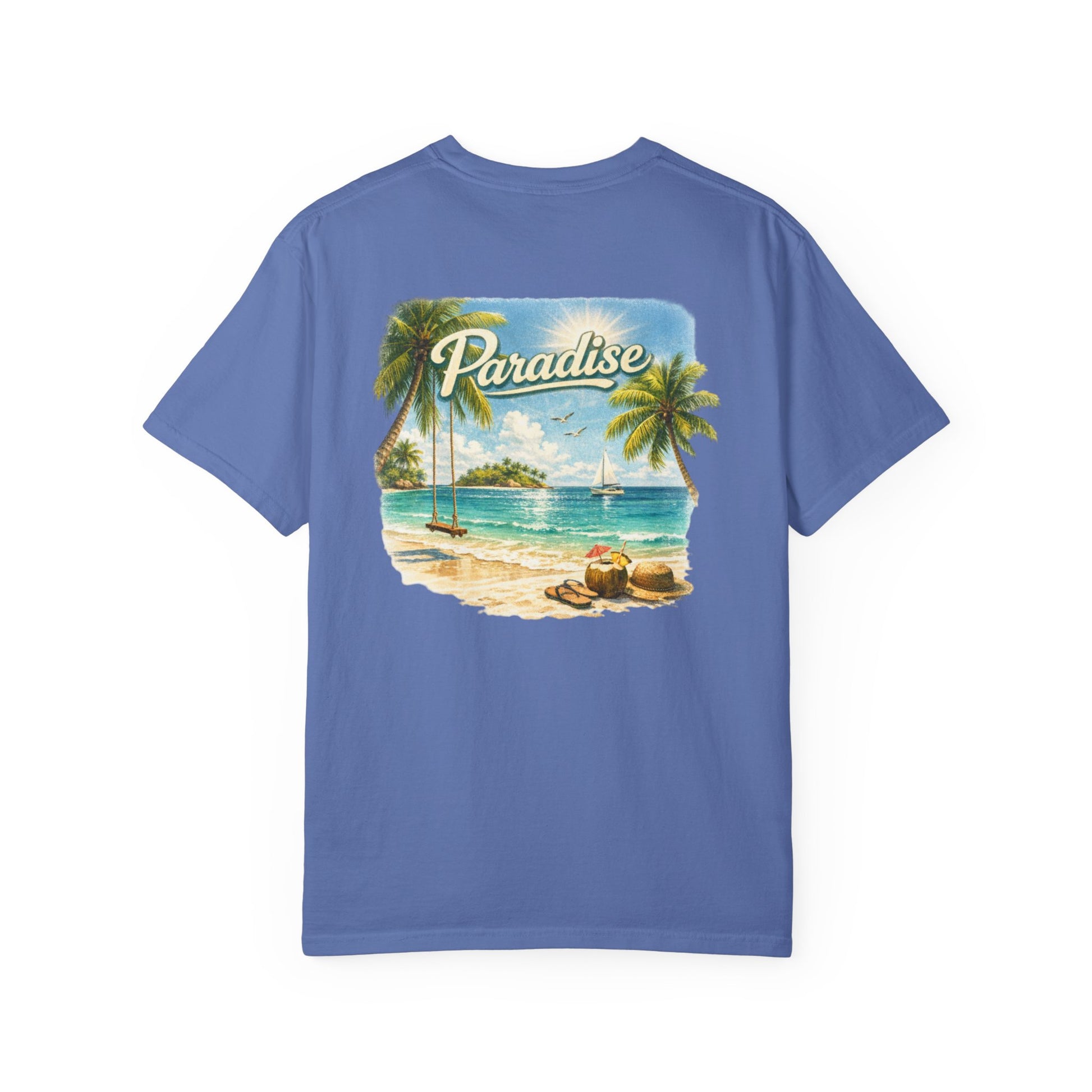 Blue t-shirt with a tropical beach graphic and 'Paradise' text on a white background