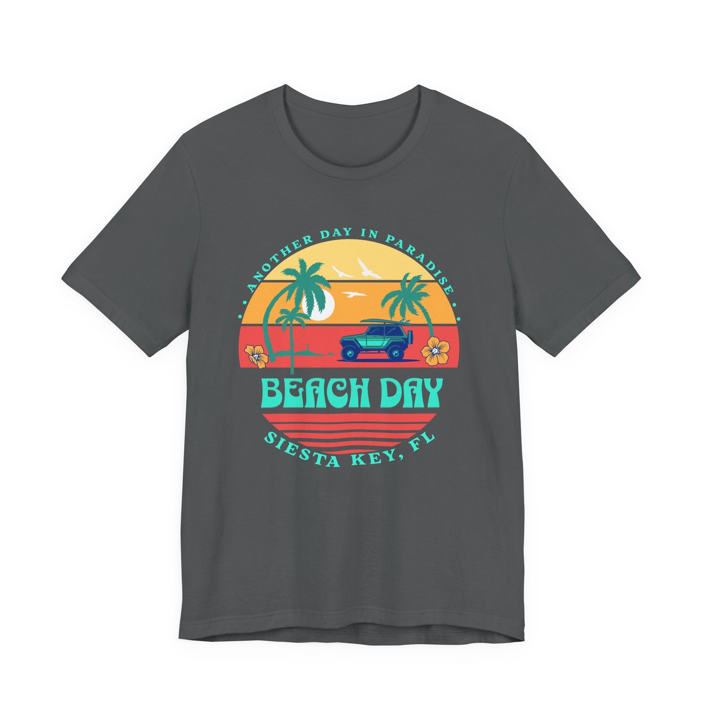 Gray t-shirt with a 'Beach Day' graphic design featuring palm trees and a sunset by Caribbean Rays