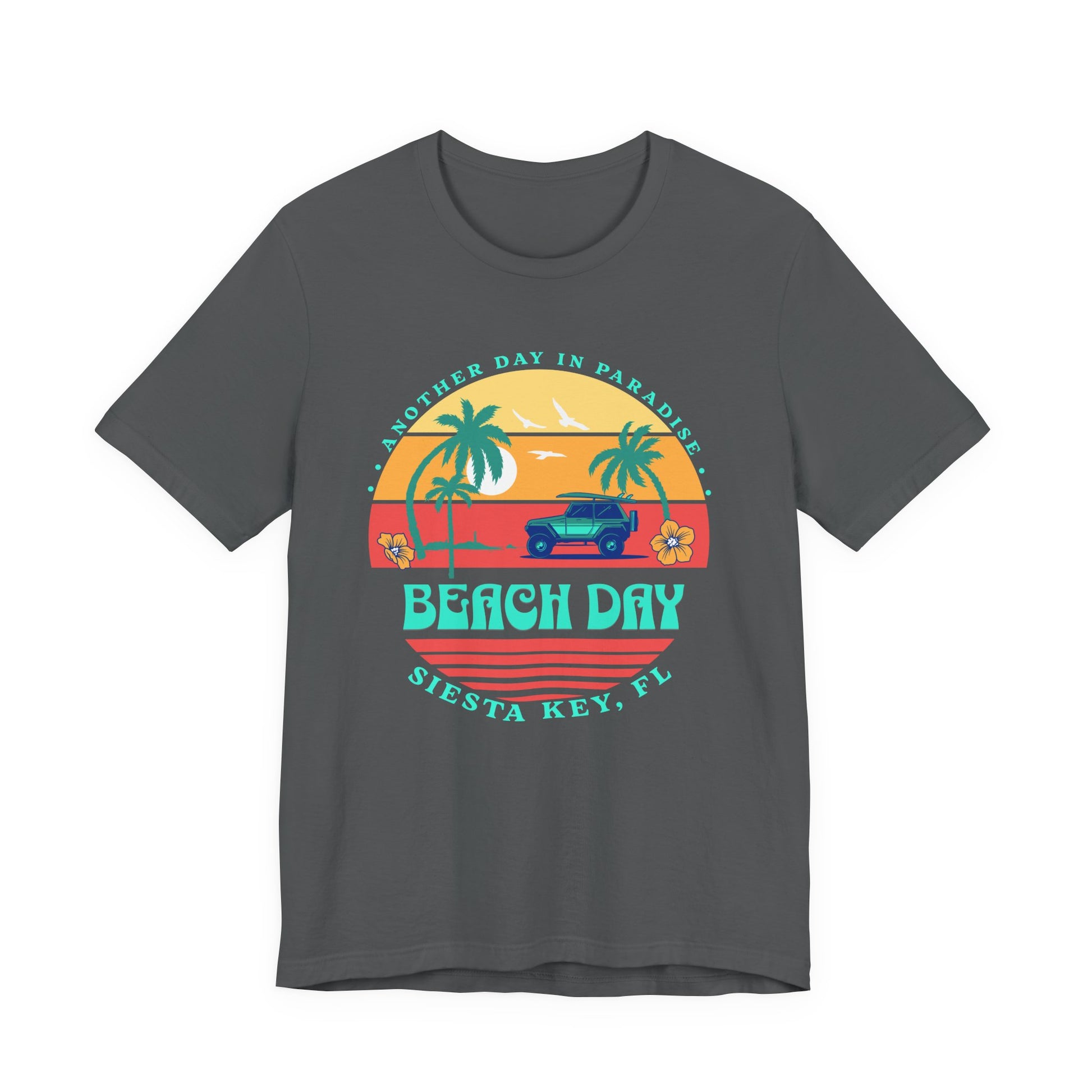 Gray t-shirt with a 'Beach Day' graphic design featuring palm trees and a sunset by Caribbean Rays