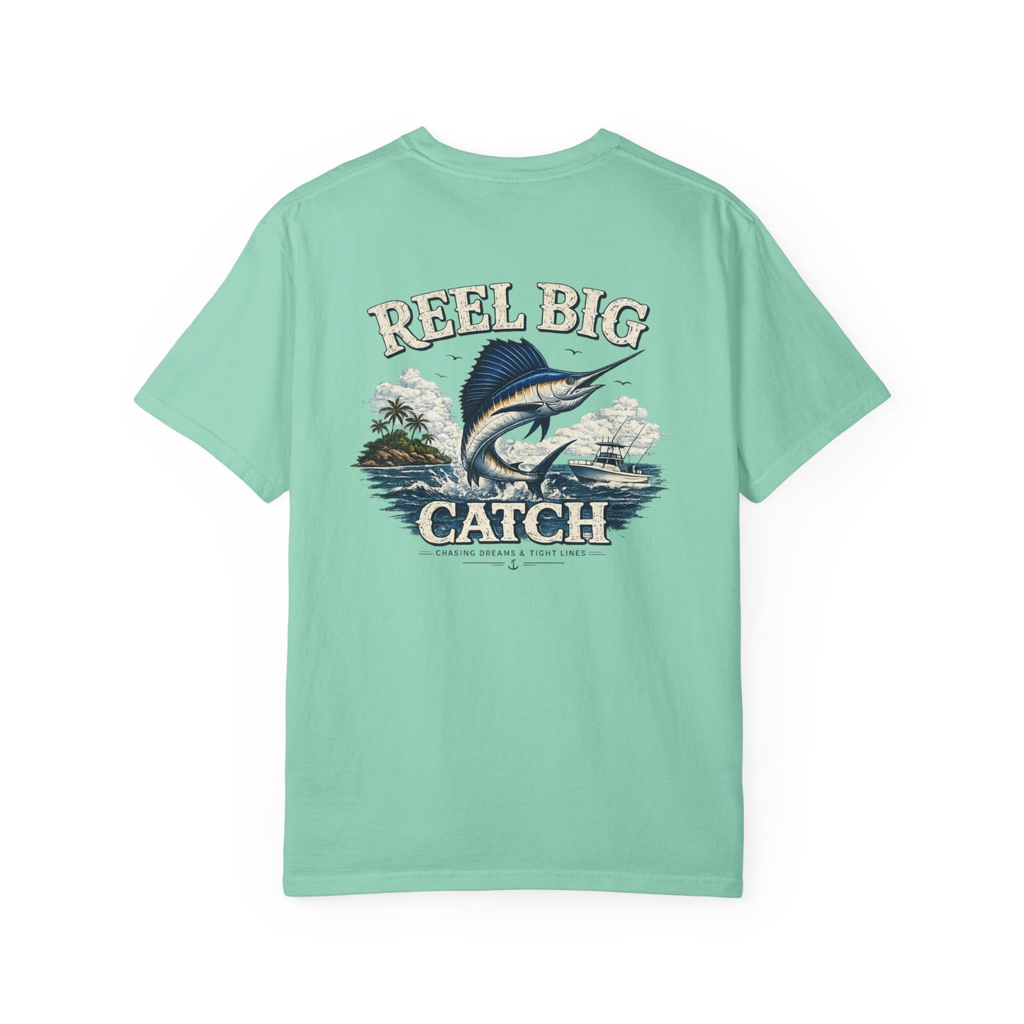 Mint green t-shirt with 'Reel Big Catch' graphic on a white background