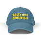 Blue cap with 'Salty Bonefish' text and fish skeleton design on a white background