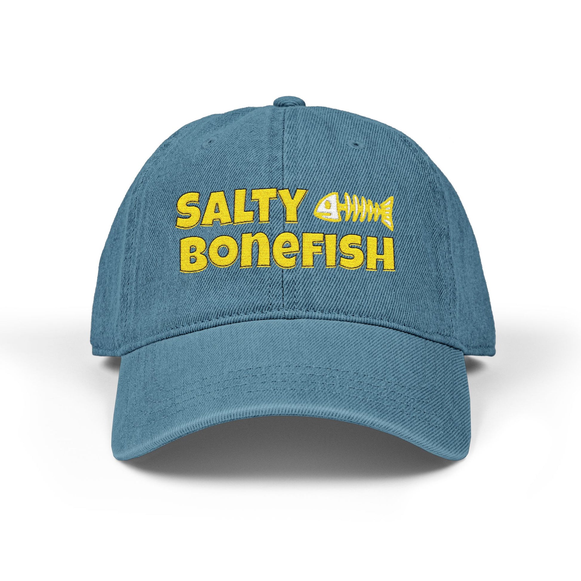 Blue cap with 'Salty Bonefish' text and fish skeleton design on a white background