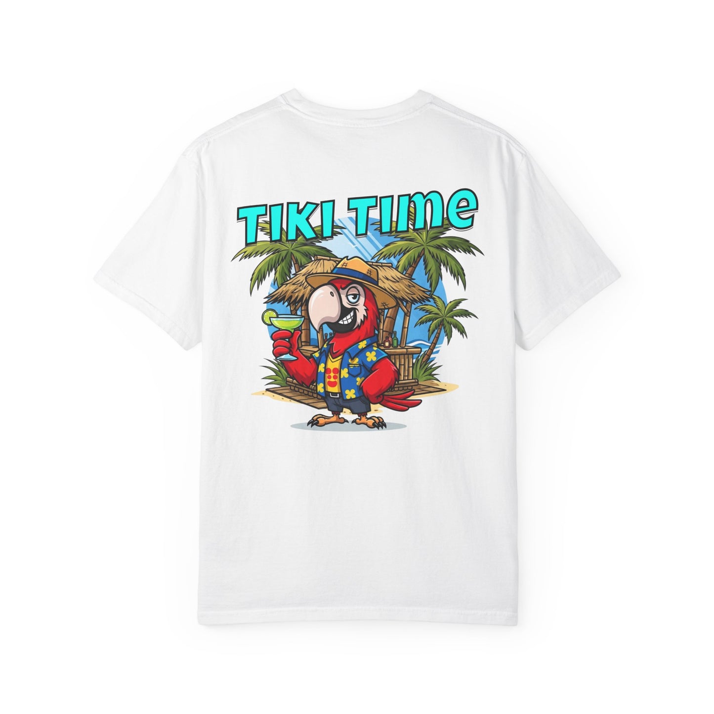 White t-shirt with a colorful parrot graphic and 'Tiki Time' text on a white background