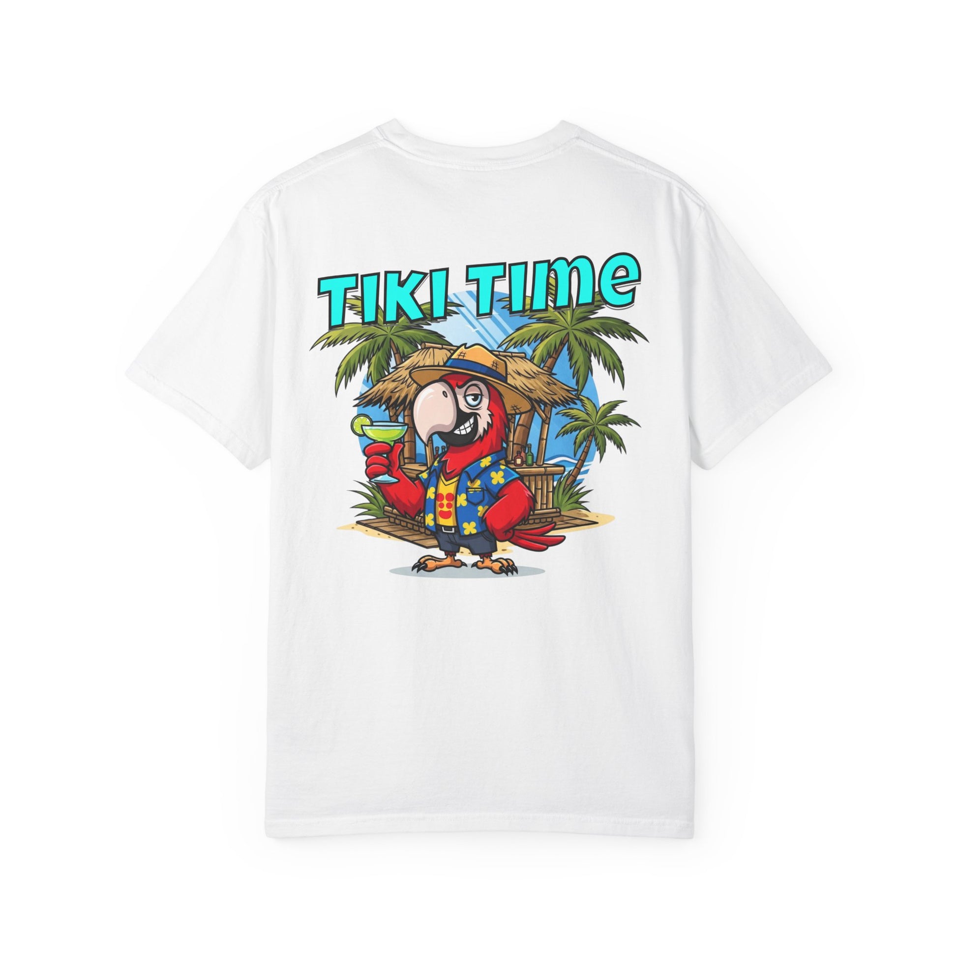 White t-shirt with a colorful parrot graphic and 'Tiki Time' text on a white background