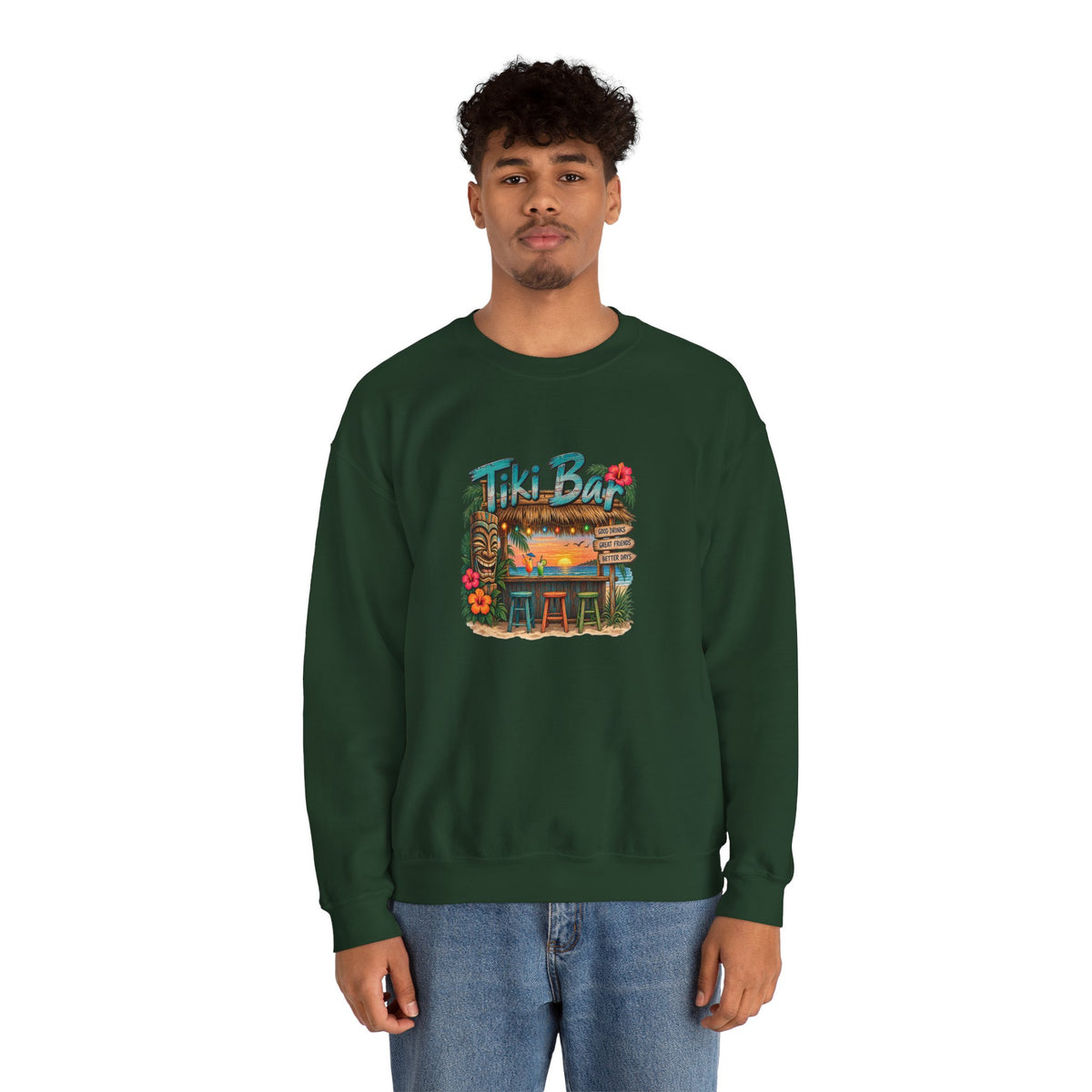 Tiki Bar Crewneck Sweatshirt — Retro Tropical Sunset Design