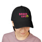 Embroidered 'Beach Life' Denim Hat with Yellow Flip-Flop Design
