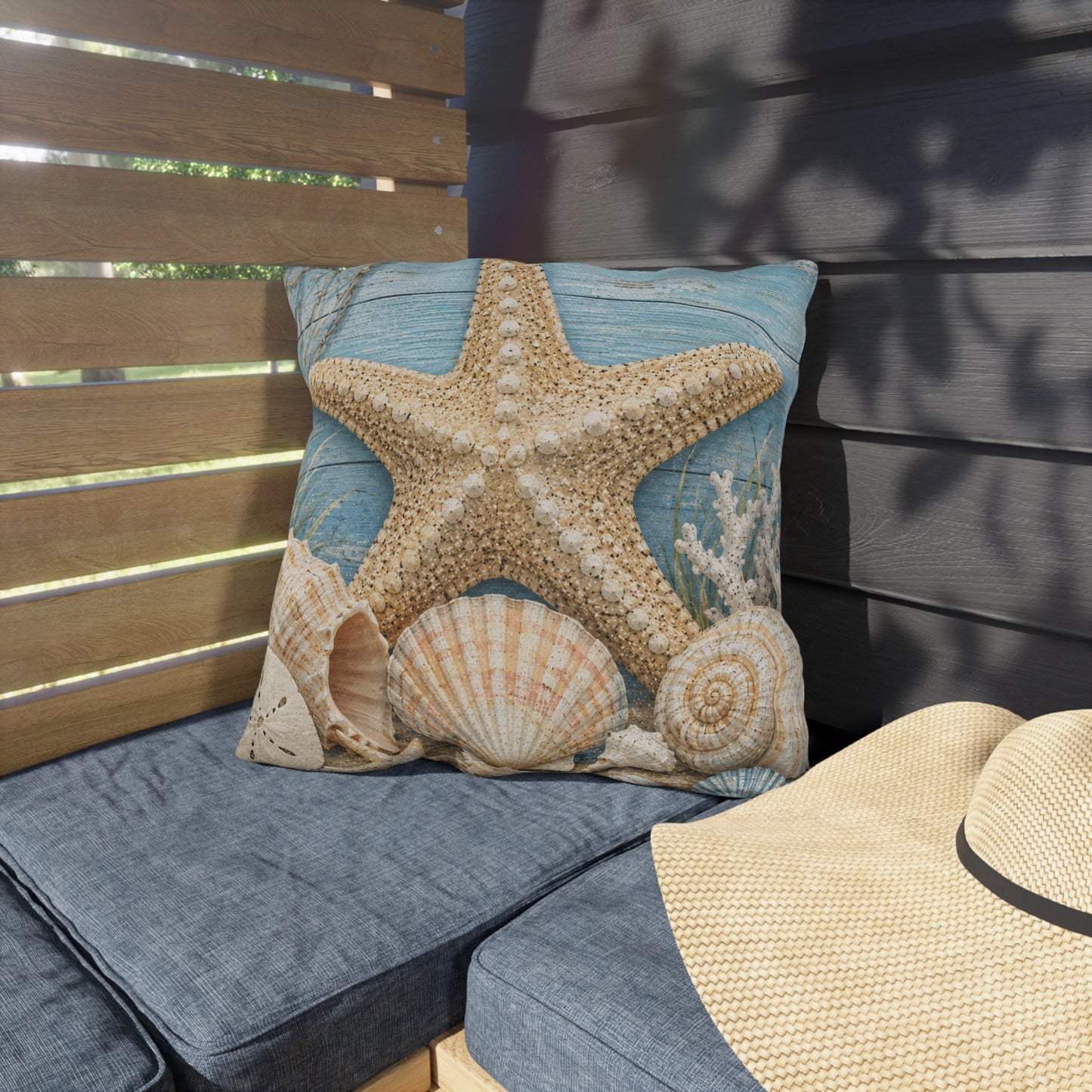 Coastal Starfish Outdoor Pillow — Beach Seashell Patio Cushion
