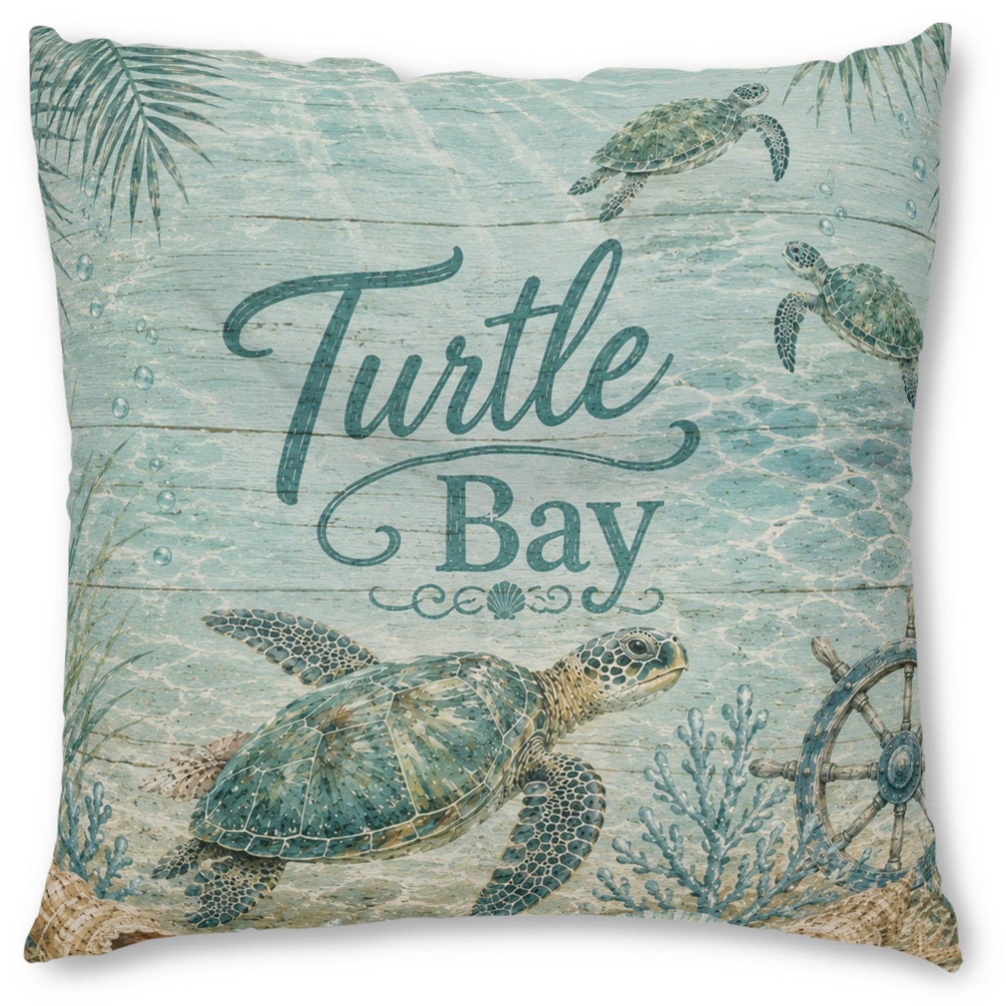 Square decorative throw pillow featuring a sea turtle and coral reef design with the words 'Turtle Bay' in teal script over a light aqua watercolor background.