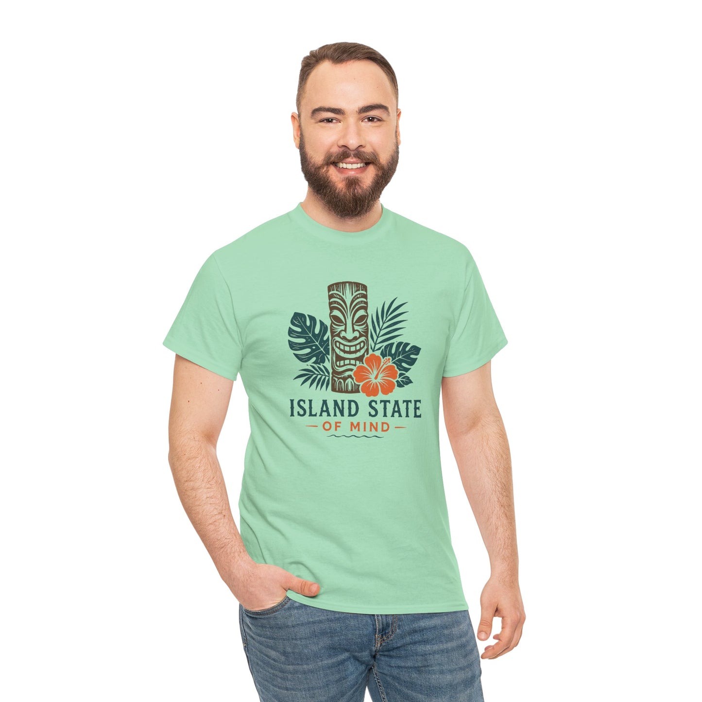 Island State of Mind T-Shirt — Tropical Tiki Tee with Hibiscus & Palm Leaves