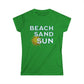 Green t-shirt with 'Beach Sand Sun' text and sun graphic on a white background