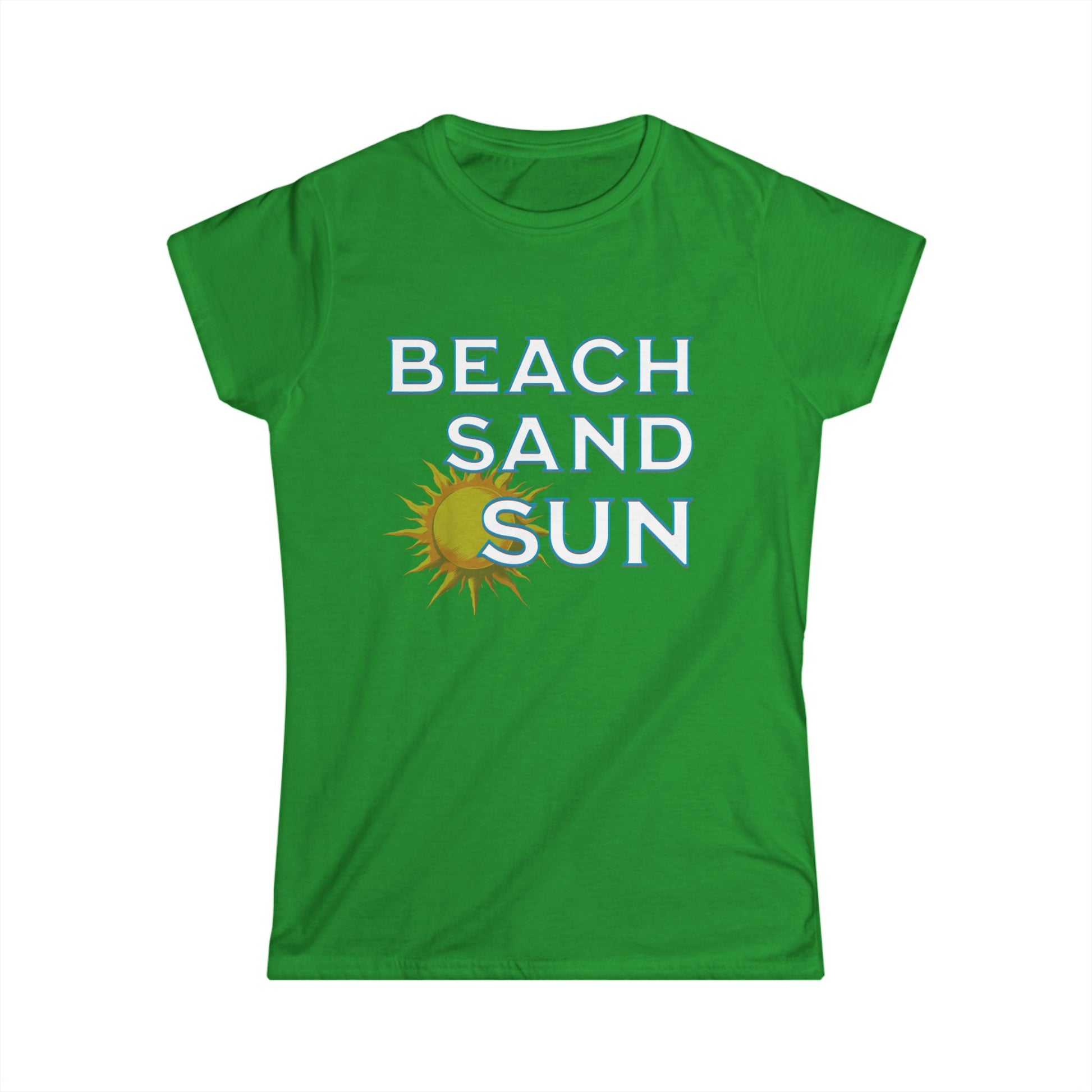 Green t-shirt with 'Beach Sand Sun' text and sun graphic on a white background