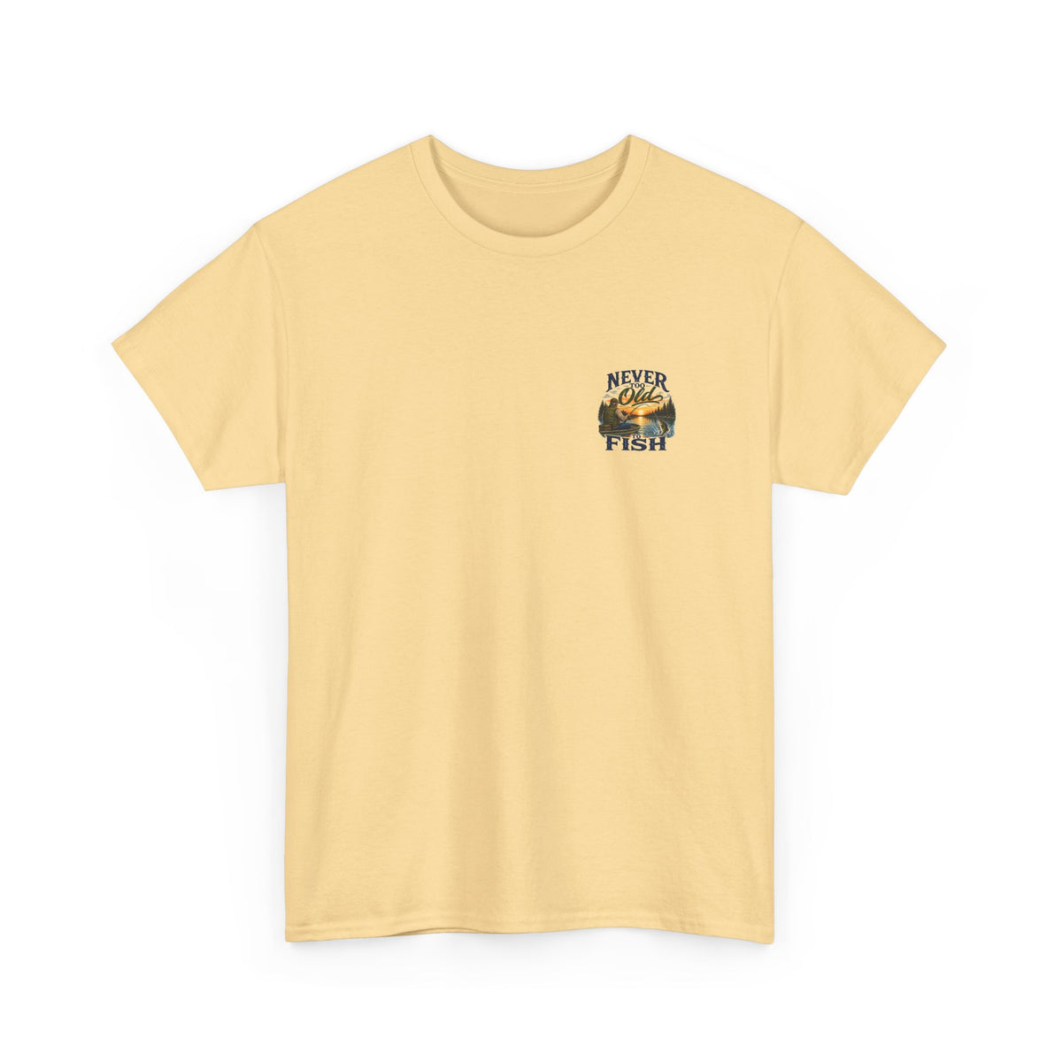 T-Shirt — "Never Too Old to Fish" Fishing Tee (Sunset Lake Design)