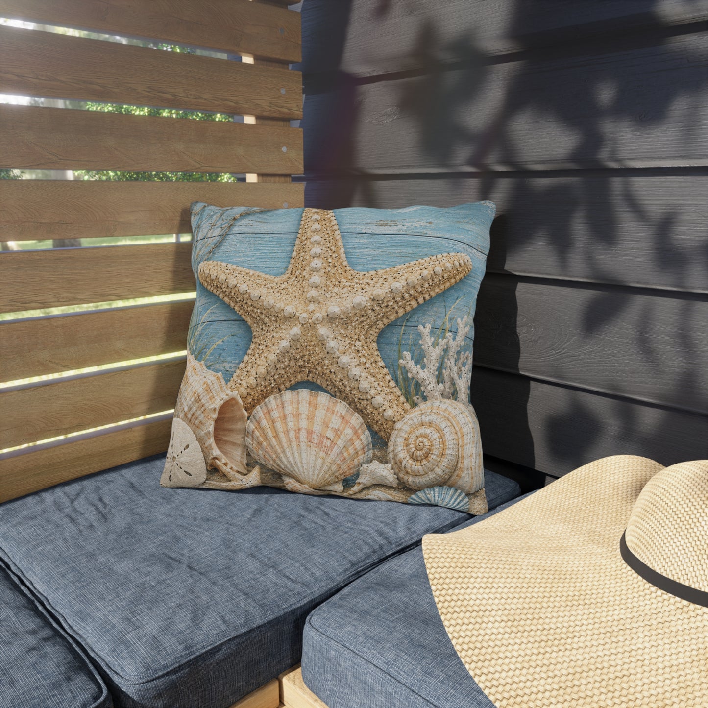 Coastal Starfish Outdoor Pillow — Beach Seashell Patio Cushion