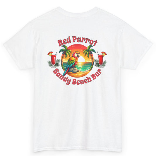 Red Parrot Sandy Beach Bar Unisex Casual Wear T-shirt by Caribbean Rays