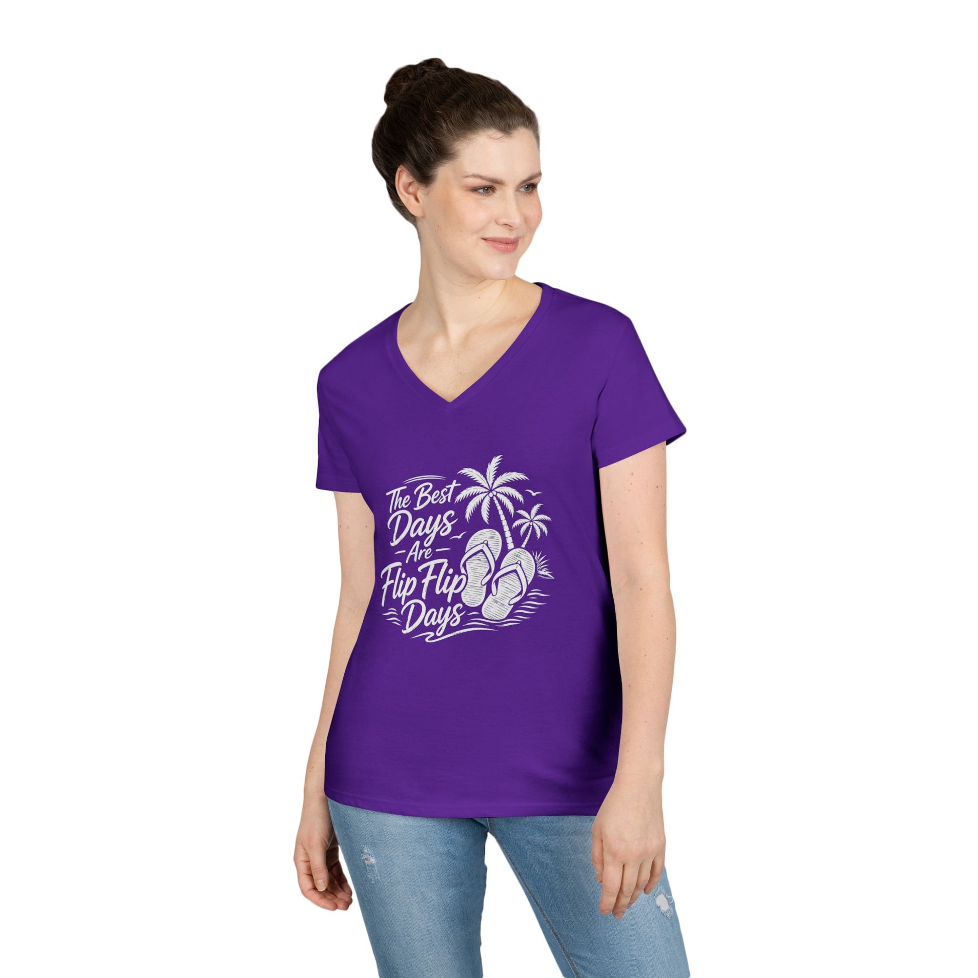 Purple V-neck graphic T-shirt with flip-flop design and beach-style text.