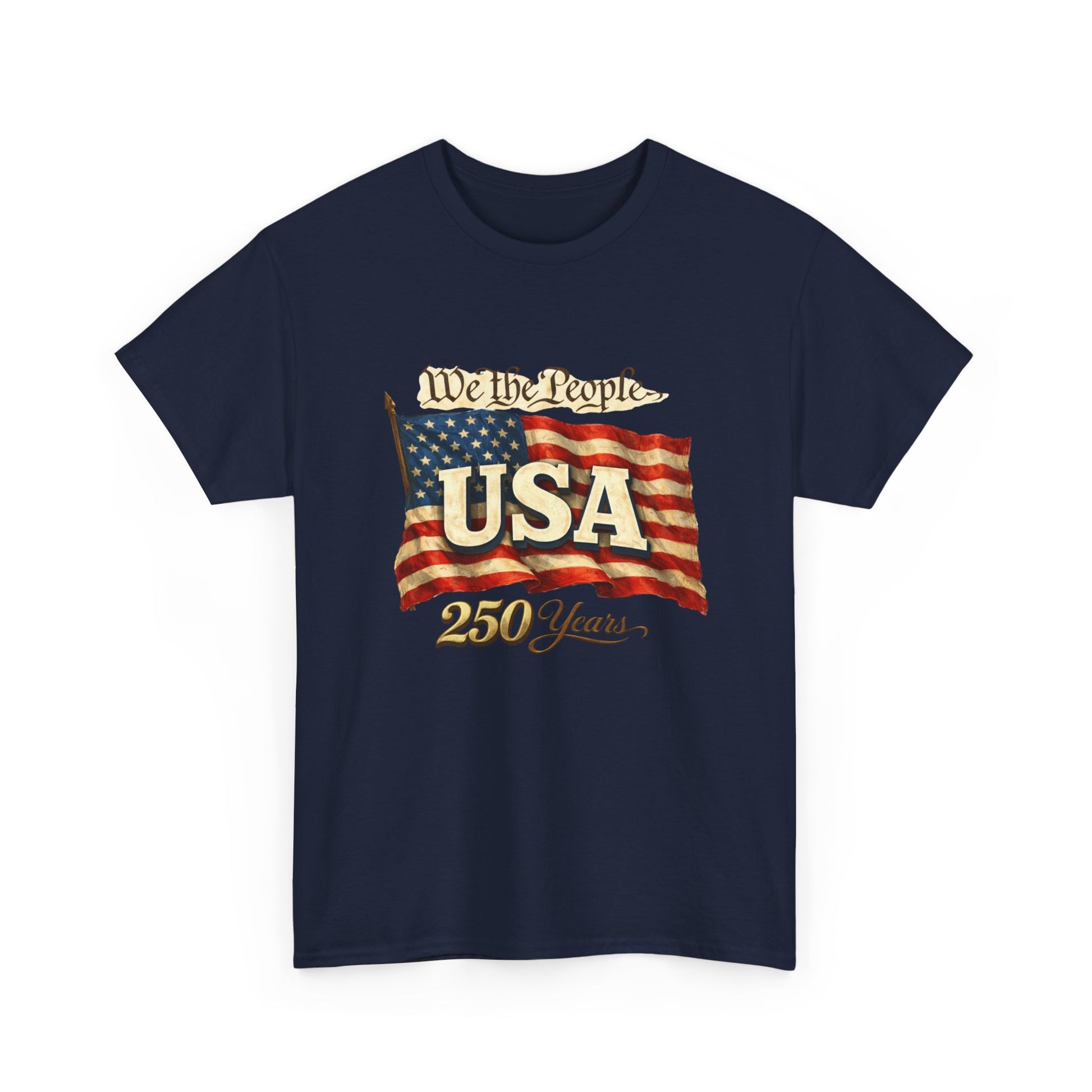 Navy blue t-shirt with 'We the People USA 250 Years' design on a white background