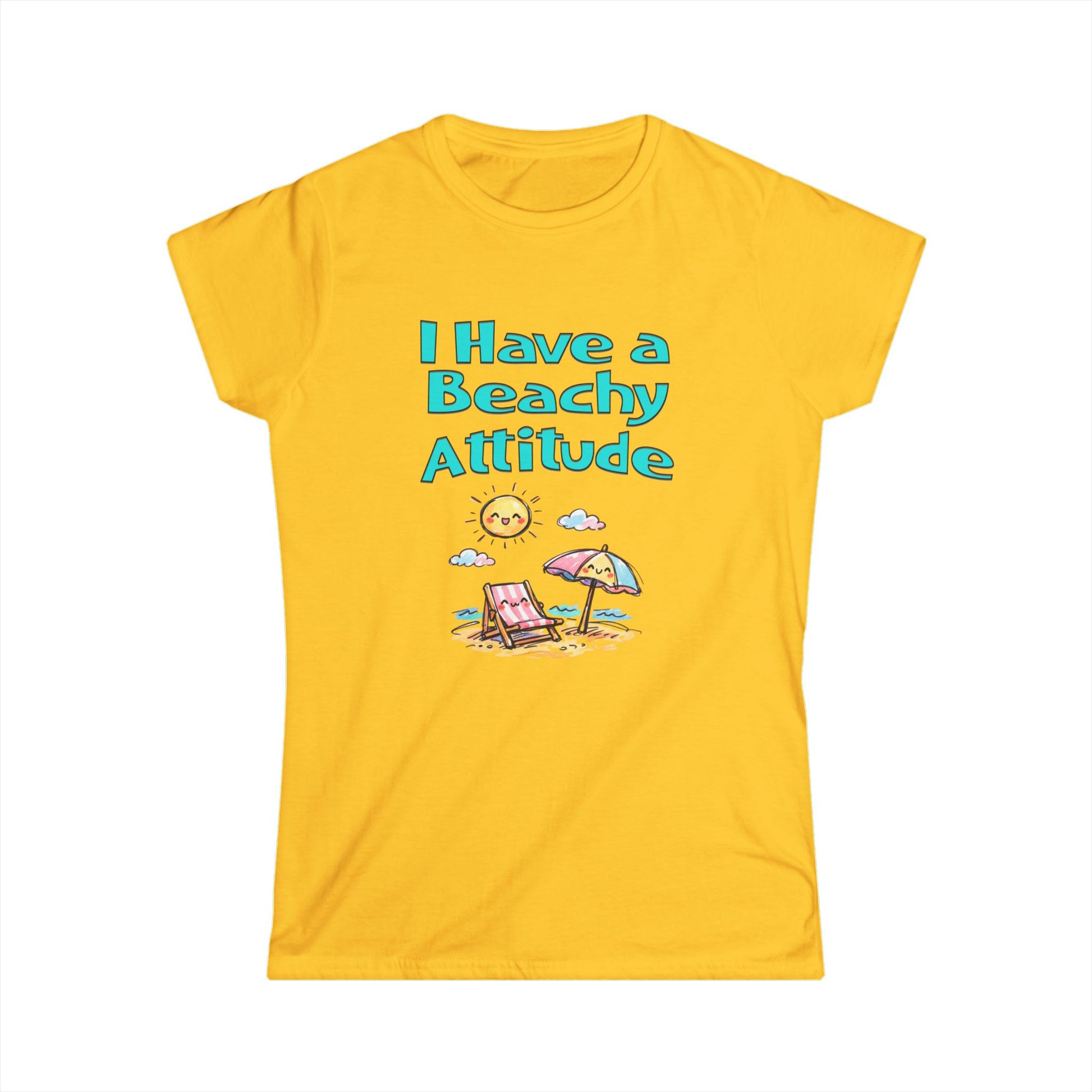 Yellow t-shirt with 'I Have a Beachy Attitude' text and beach graphics on a white background