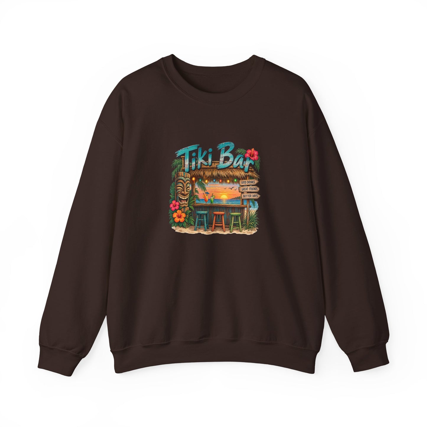 Tiki Bar Crewneck Sweatshirt — Retro Tropical Sunset Design