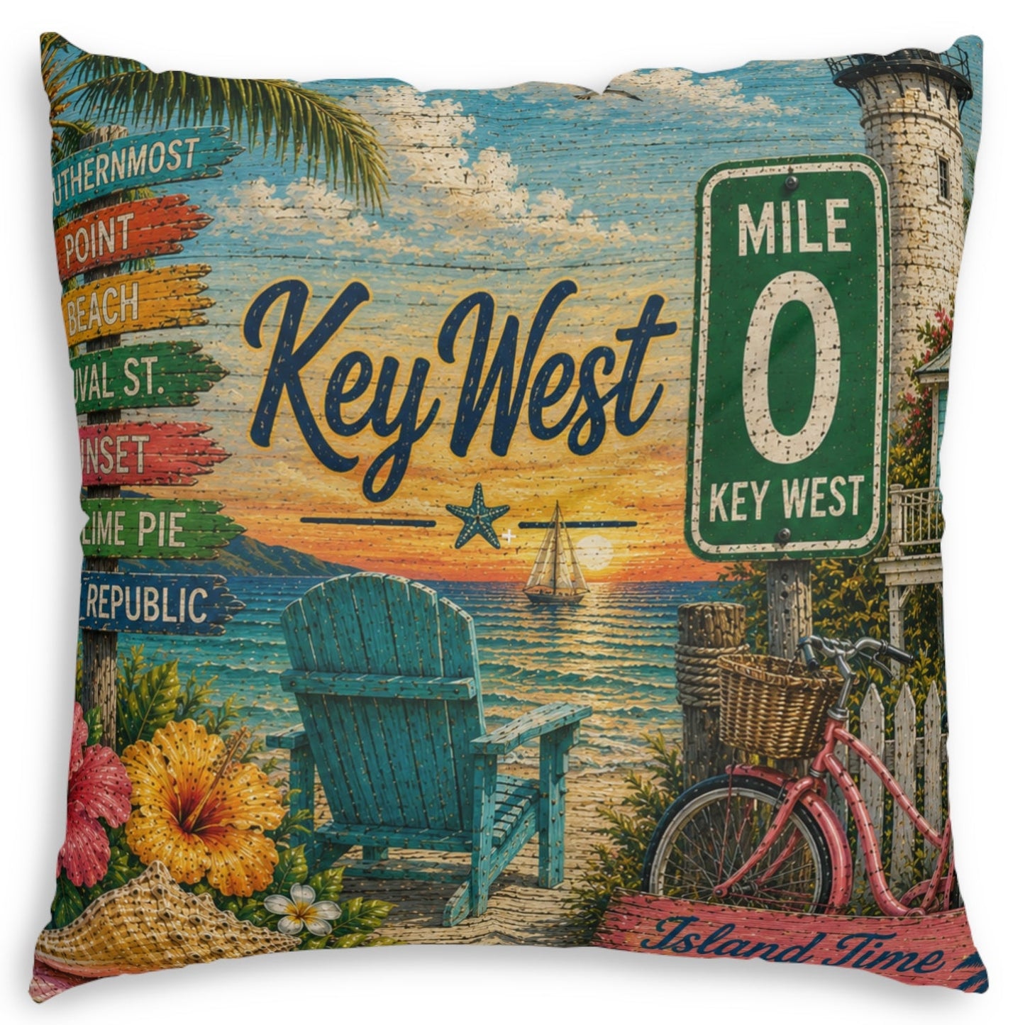 A square decorative throw pillow featuring a vintage-style Key West tropical beach scene with a blue chair, pink bicycle, green mile-zero sign, palm leaves, flowers, and the words 'Key West' and 'Island Time' on a white background.