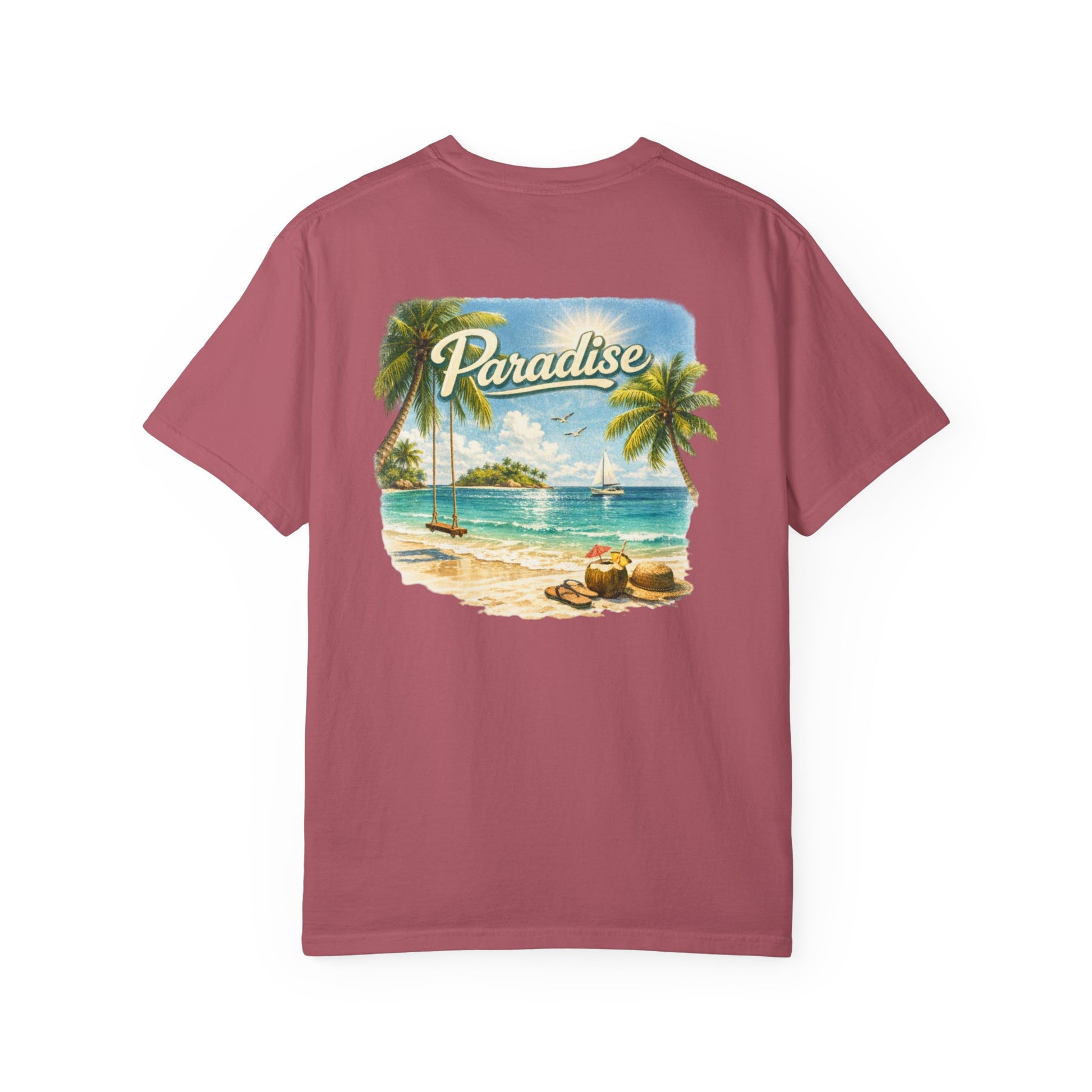 Maroon t-shirt with a tropical beach graphic and 'Paradise' text on a white background